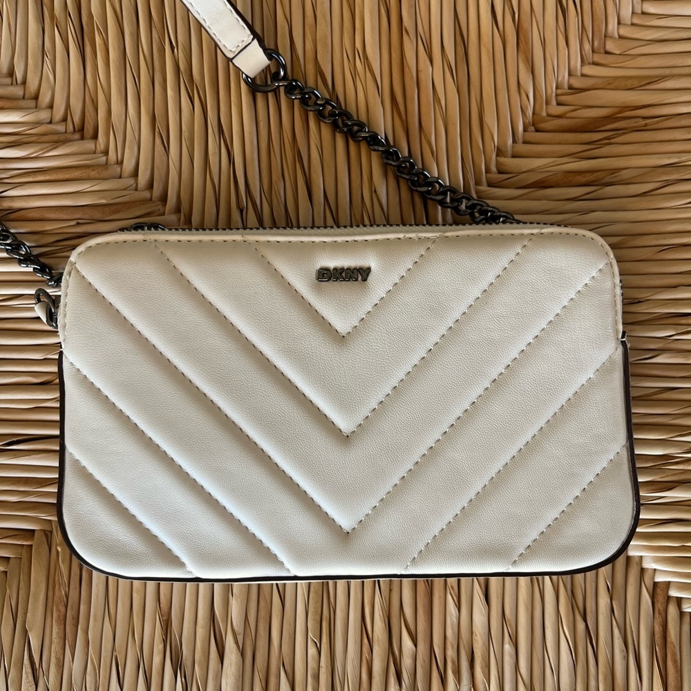 DKNY Ivory Quilted Small Double Zipper Crossbody Women's Bag